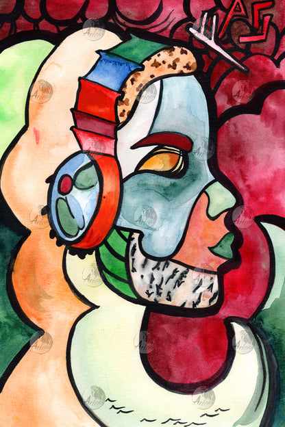 Mosaic girl withheadphones - printable digital artwork
